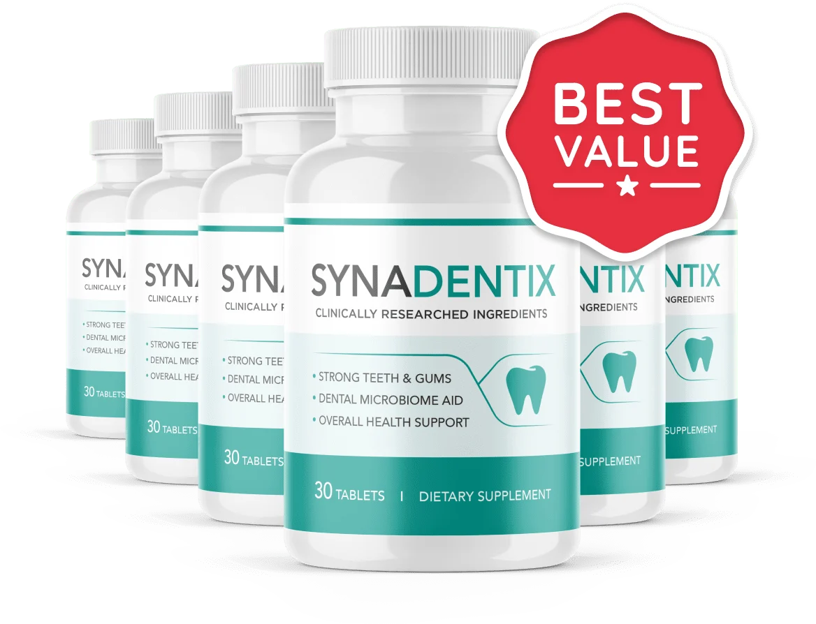 Synadentix natural dental chewable supplement bottles — order today with 90-day money-back guarantee