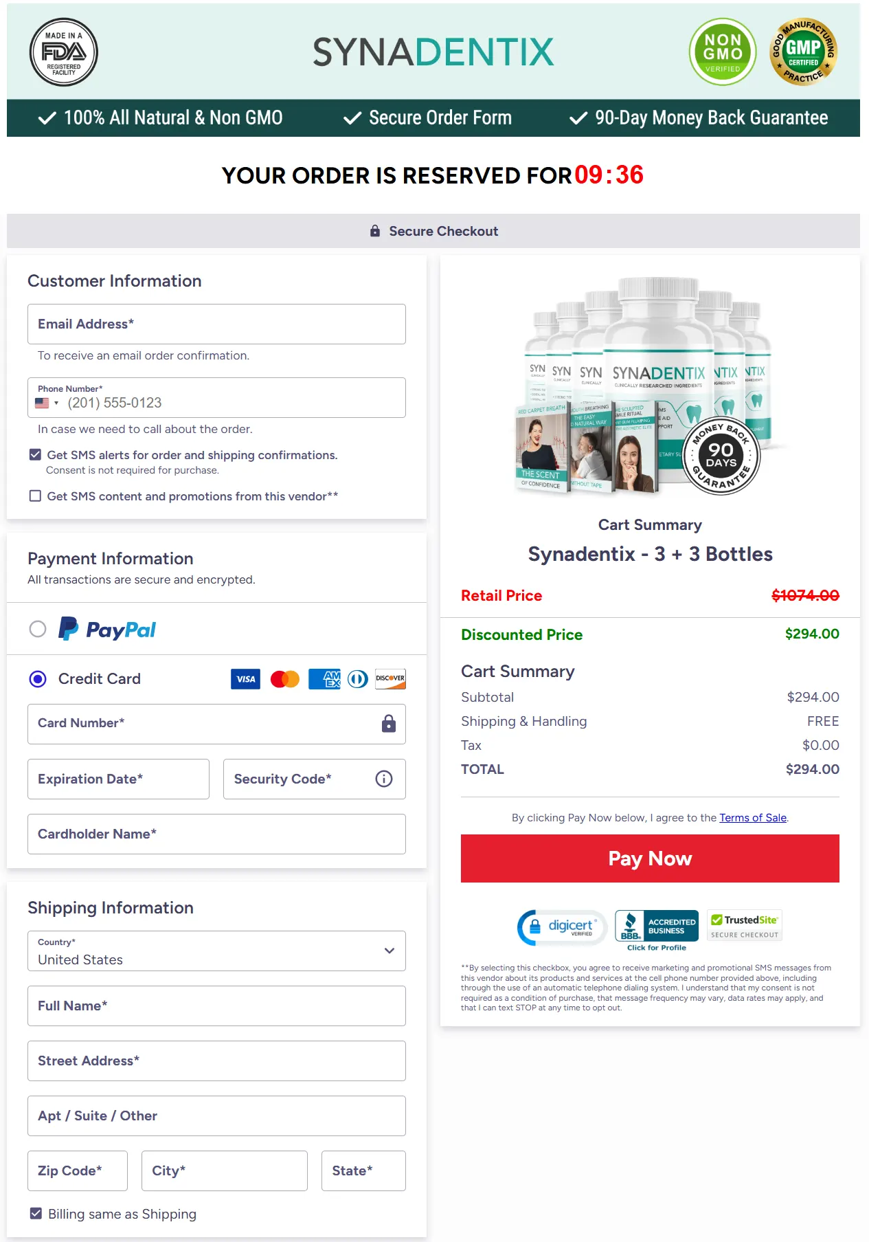 Synadentix secure checkout page protected by 256-bit SSL encryption through ClickBank